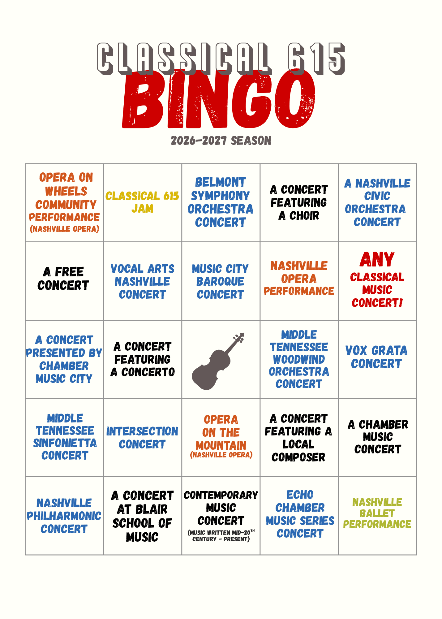 Classical 615 Bingo card for the 2026-2027 season
